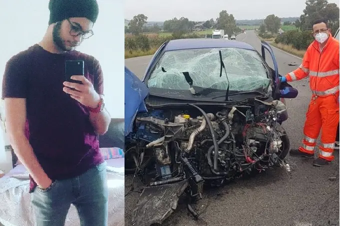 Federico Pinna e la sua Clio coinvolta nell'incidente (L'Unione Sarda)