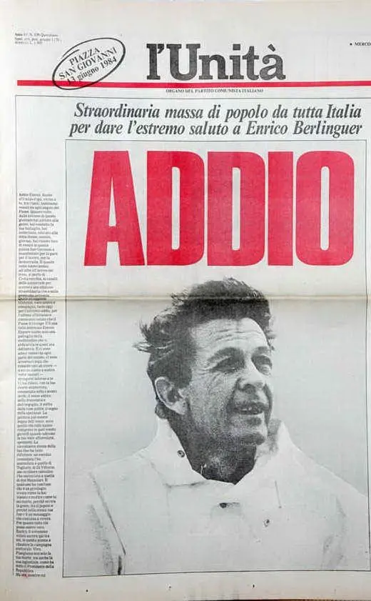 La prima pagina del 14 giugno 1984 dedicata alla morte di Enrico Berlinguer