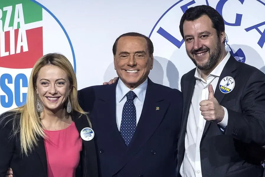 I tre leader dei tre partiti di centrodestra in Italia, Meloni, Berlusconi e Salvini (Ansa)