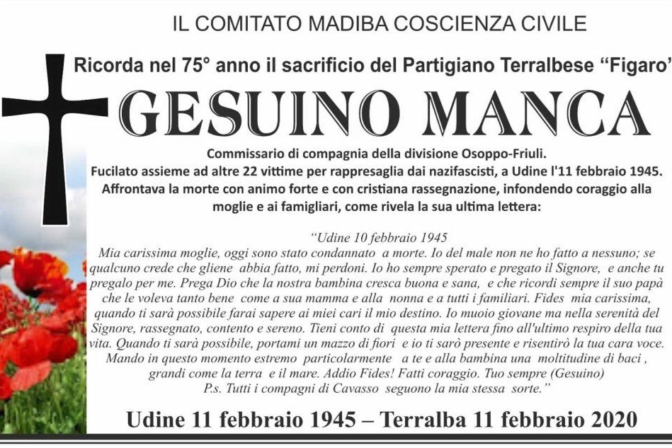 Terralba, un manifesto per ricordare il sacrificio del partigiano Gesuino Manca