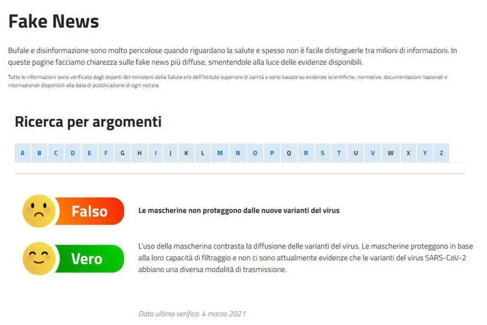 La pagina dedicata alle fake news sul sito del ministero