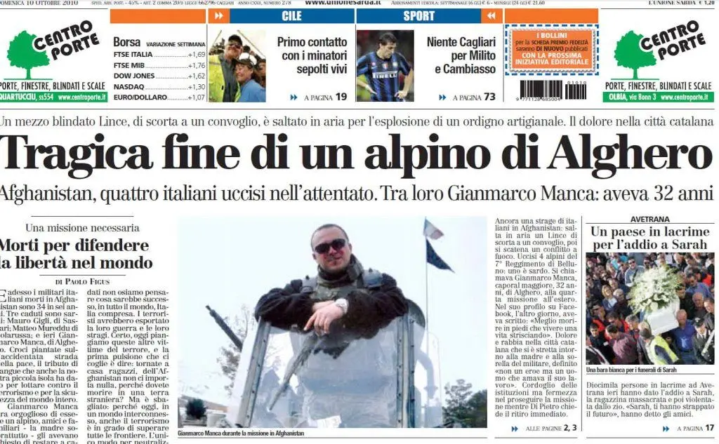 La notizia sulla prima pagina de L'Unione Sarda