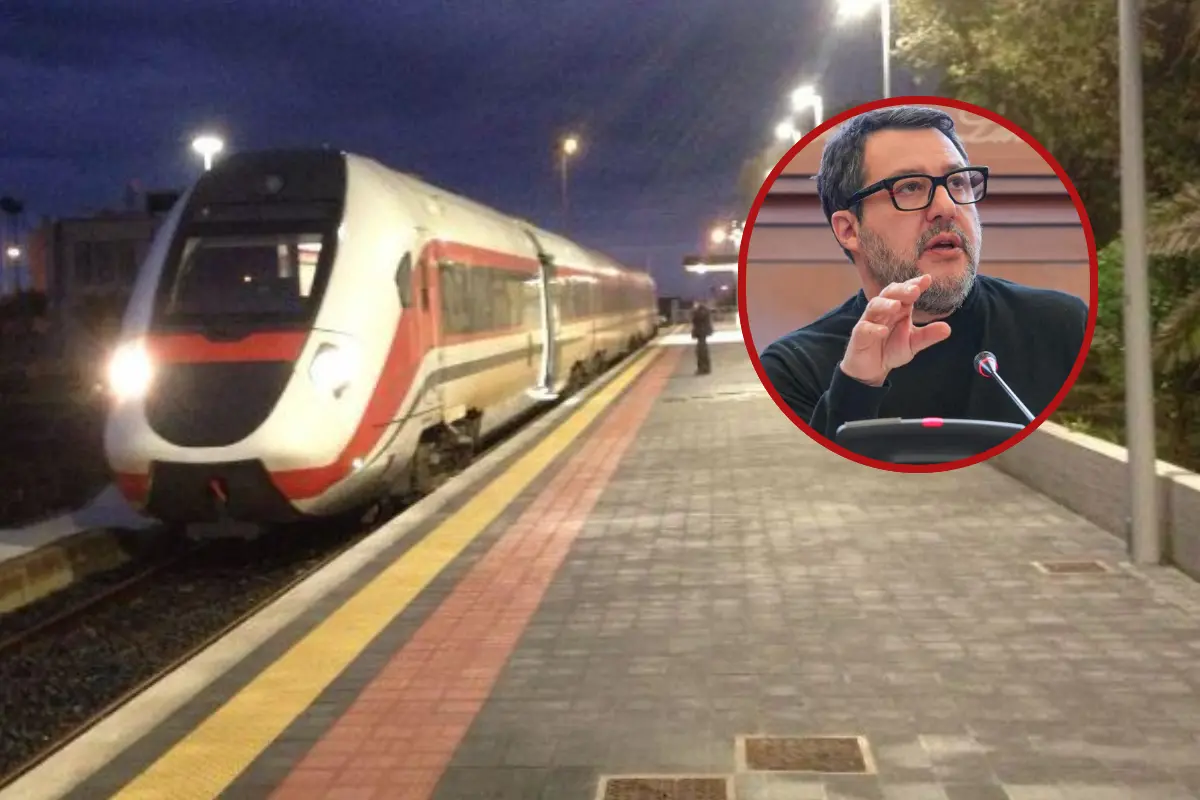 La stazione di Porto Torres e, nel tondo, il ministro dei Trasporti Matteo Salvini