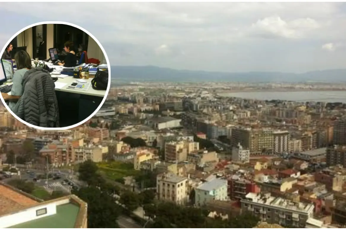 Panoramica di Cagliari e nel tondo un ufficio (Ansa)