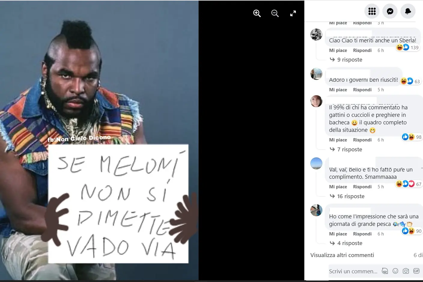 La pagina con Mister T e le reazioni (Foto da Facebook)