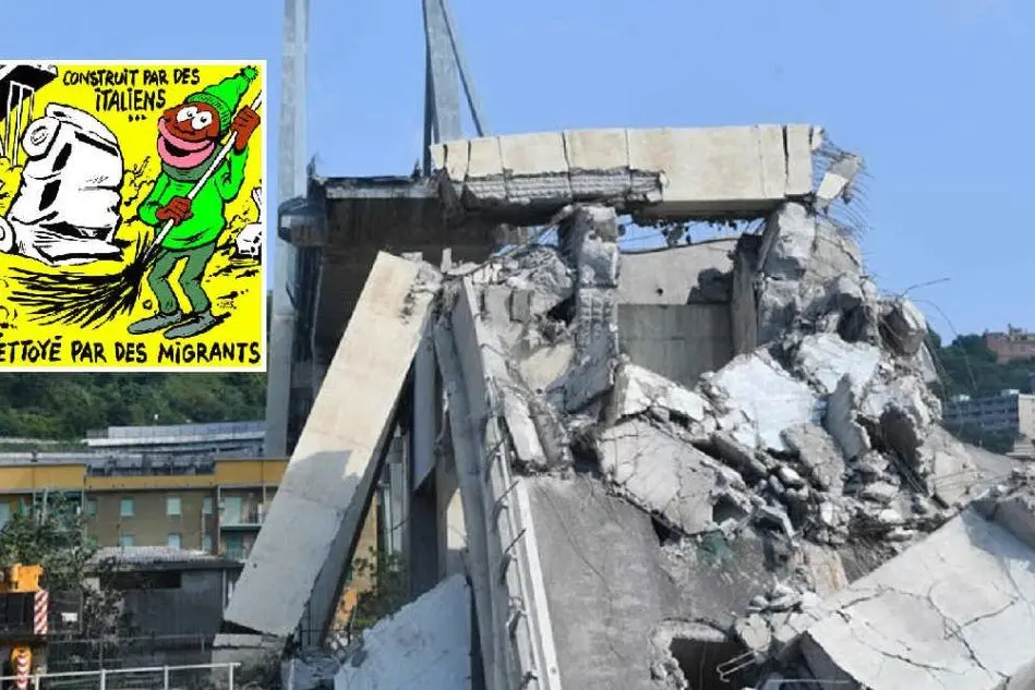 I resti del ponte (foto Ansa) e, nel riquadro, la vignetta di Charlie Hebdo