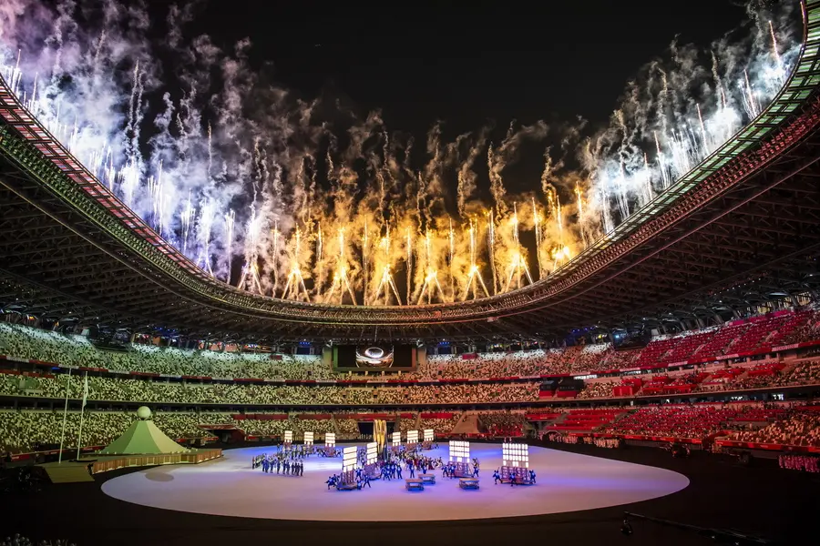 epa09359587 A general view during the opening ceremony of the 2020 Tokyo Summer Olympics at the National Stadium in Tokyo, Japan, 23 July 2021. EPA/LAURENT GILLIERON
