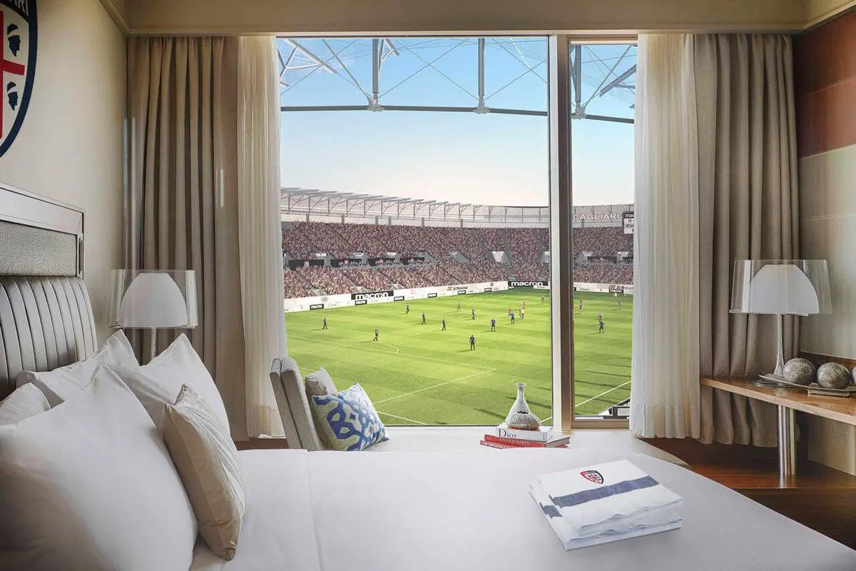 Il render dello stadio del Cagliari del futuro: camera con vista sul campo (L'Unione Sarda)