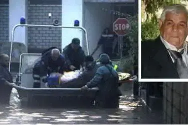 Soccorsi durante l'alluvione a Uras e nel riquadro la vittima, Piero Pia