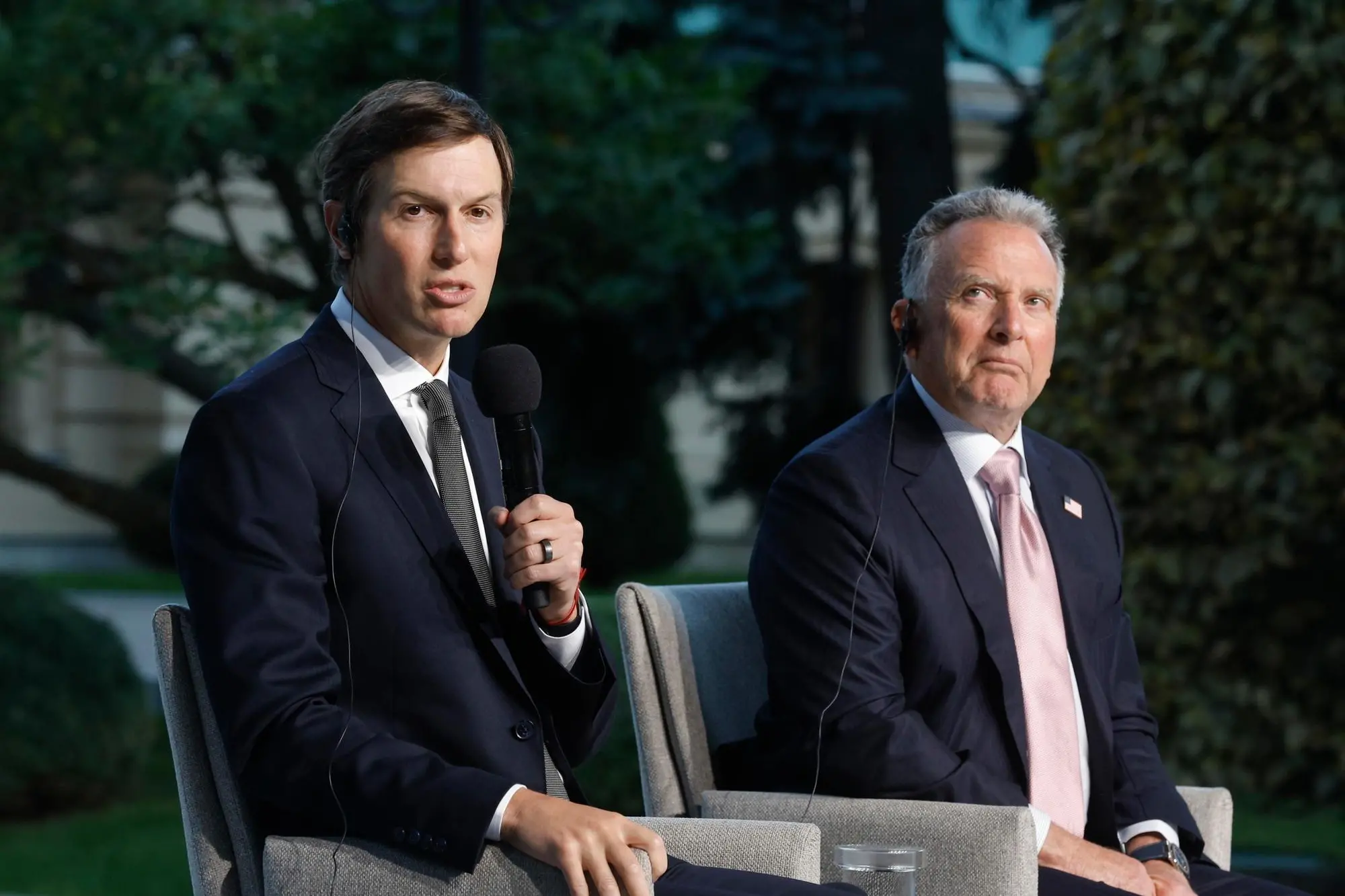 epa13218185 US Special Envoy for Peace, Jared Kushner (L), speaks during a joint press conference with Ukrainian President Volodymyr Zelensky (not pictured) and US Special Envoy for Peace Steve Witkoff (R) at the Mariinsky Palace in Kyiv, Ukraine, 06 September 2026. The US envoys arrived in Kyiv for talks with the Ukrainian president and his team, one day after their visit to Moscow. EPA/SERGEY DOLZHENKO