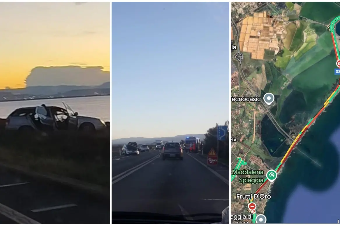 L'incidente sulla 195, a destra il traffico su Google Maps (L'Unione Sarda)
