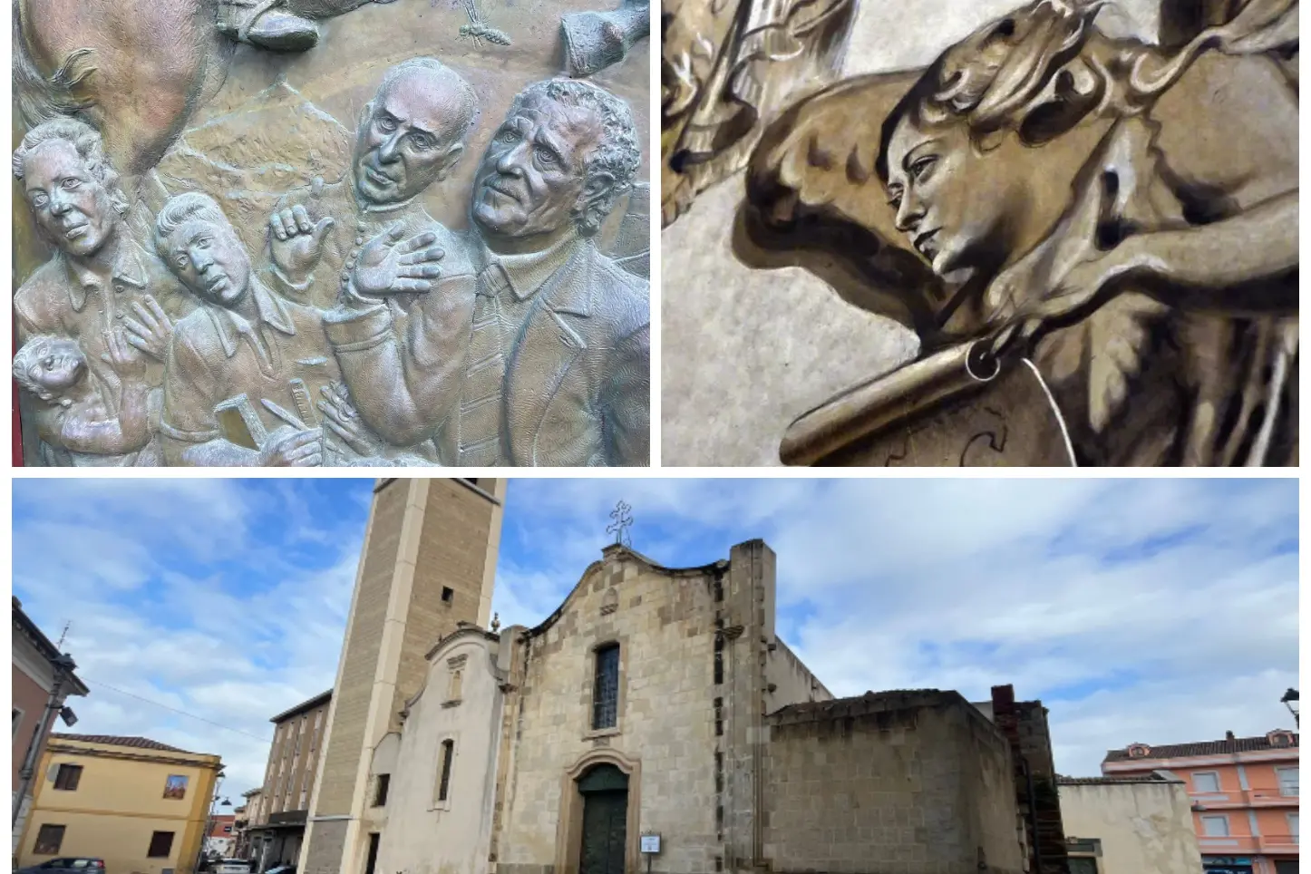 A destra il ritratto con la premier, a sinistra l'opera bronzea a San Gavino