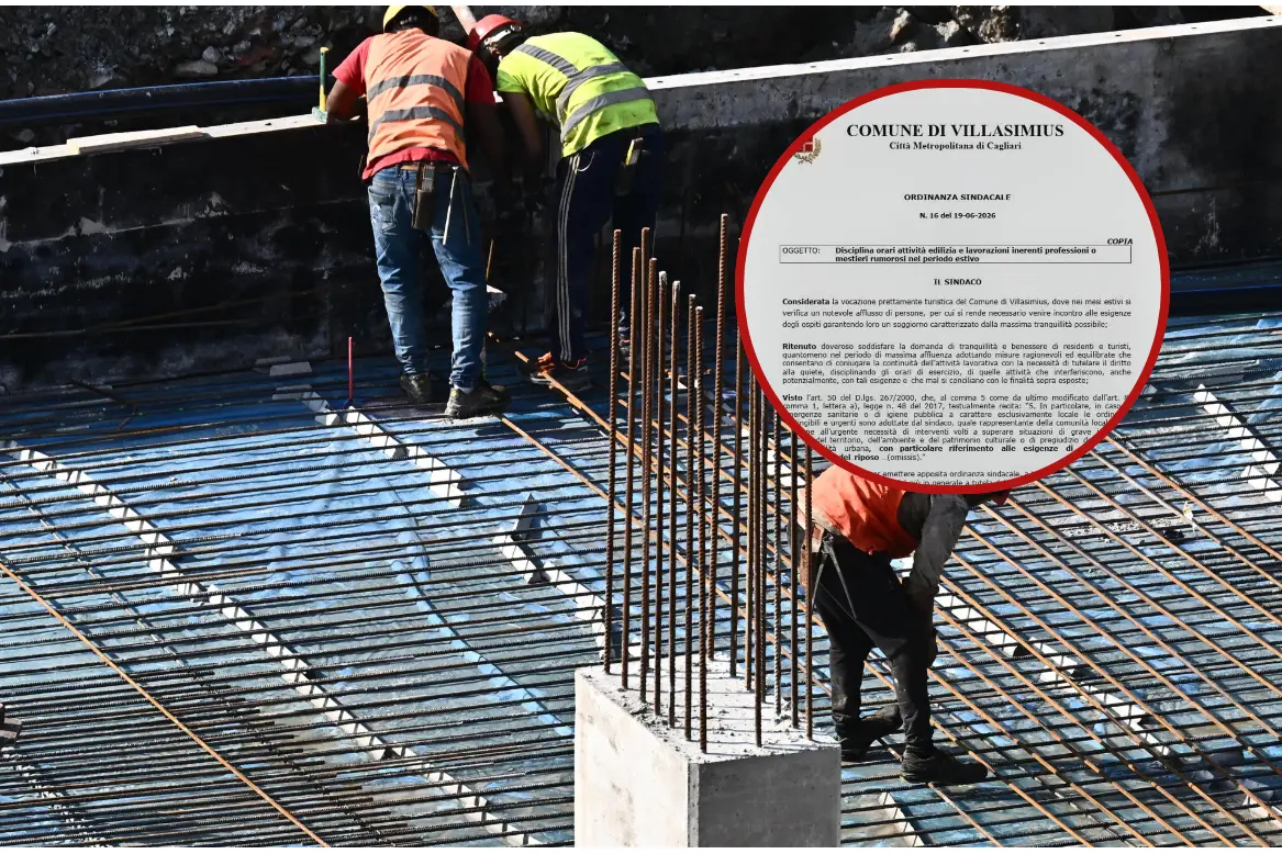 Un cantiere, immagine simbolo. A destra l'ordinanza del sindaco di Villasimius (Archivio/Facebook)