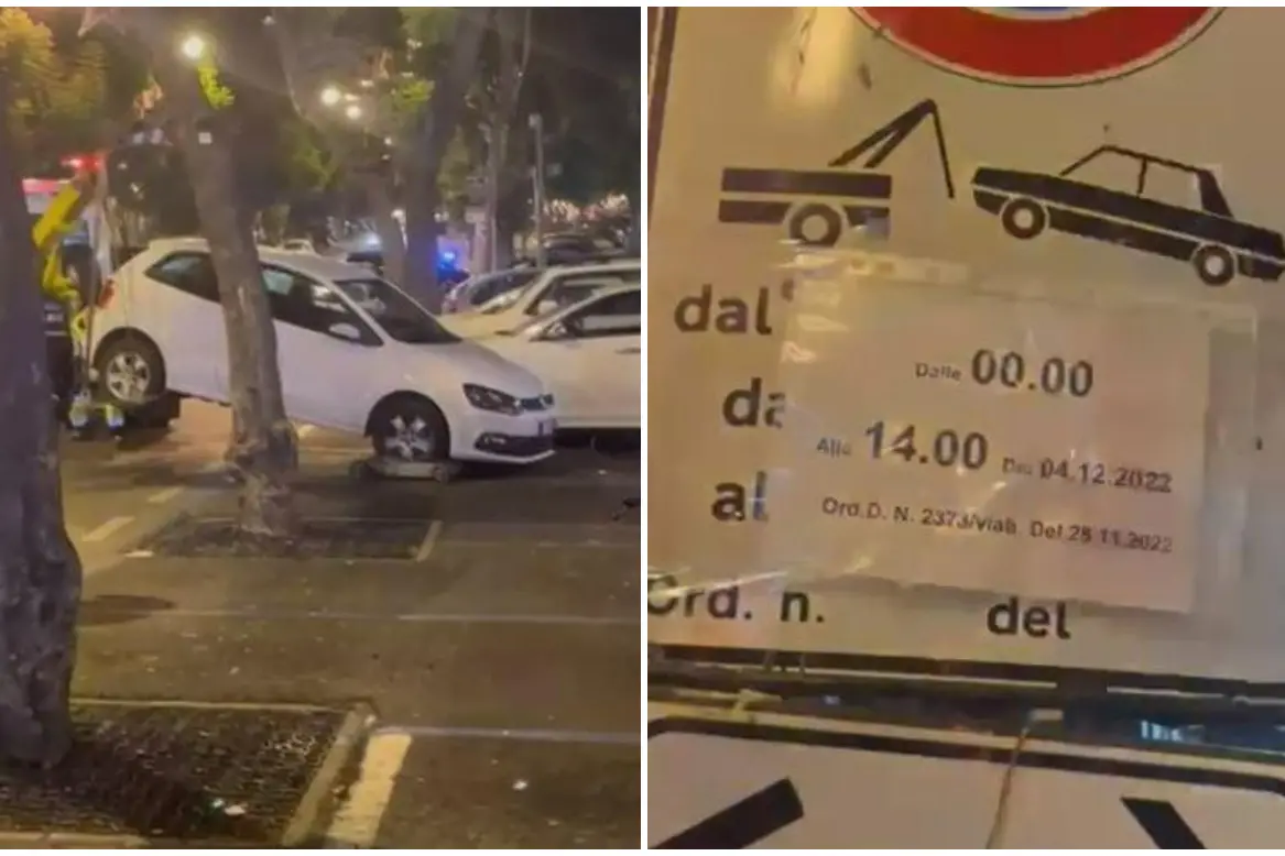 Un'auto rimossa e uno dei cartelli (L'Unione Sarda)