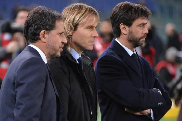 Andrea Agnelli con\u00A0Pavel Nedved e Fabio Paratici (Ansa)