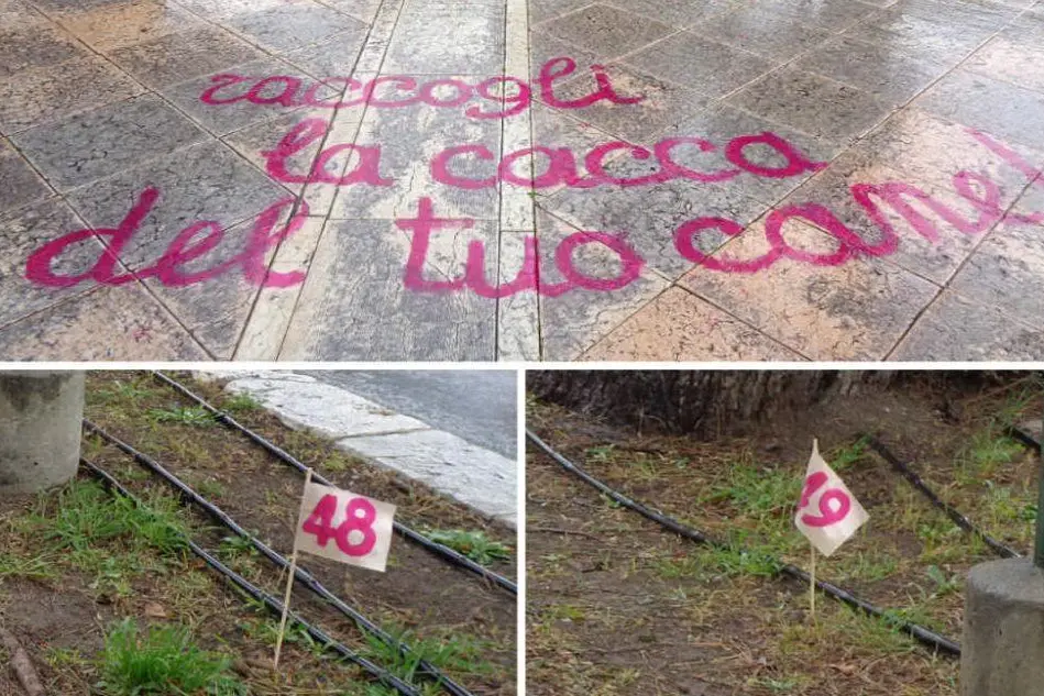 La scritta sul marciapiede e le bandierine (Foto Luigi Almiento)