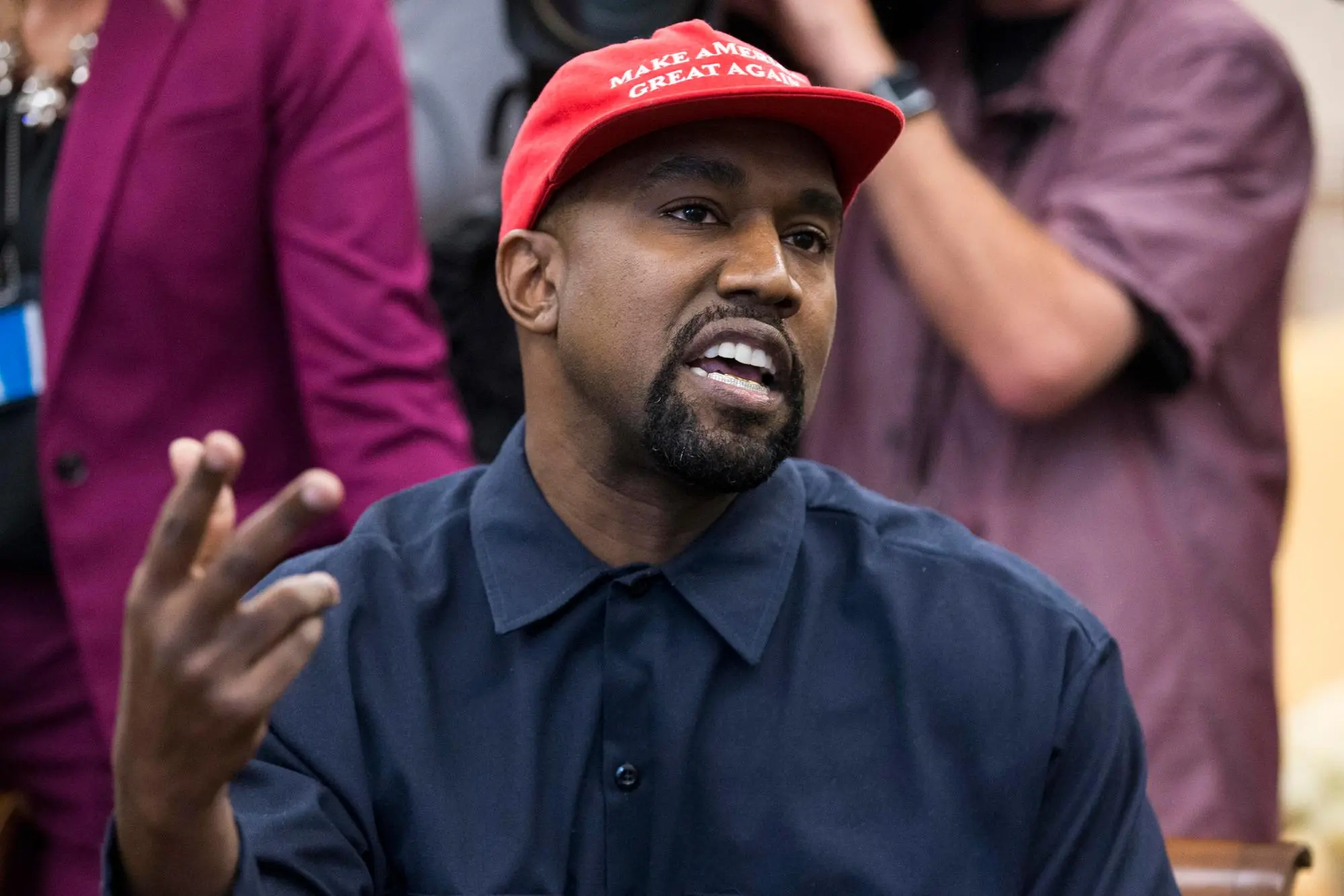 epa08528940 (FILE) - US entertainer Kanye West speaks during a meeting with US President Donald J. Trump in the Oval Office of the White House in Washington, DC, USA, 11 October 2018 (reissued 05 July 2020). West announced on twitter that he was 'running for president of the United States'. The US will hold presidential elections on November 3, 2020. EPA/MICHAEL REYNOLDS *** Local Caption *** 54693752