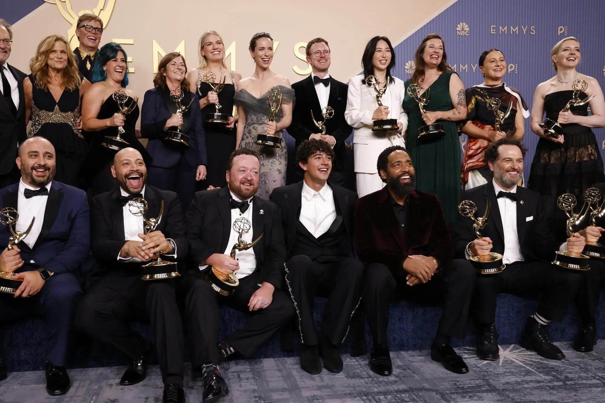 epa13240768 Cast and crew from the series, winners of Outstanding Comedy Series for "Widow's Bay" pose in the press room during 78th annual Emmy Awards ceremony held at the Peacock Theater in Los Angeles, California, USA, 14 September 2026. The Emmys celebrate excellence in national primetime television programming. EPA/JILL CONNELLY