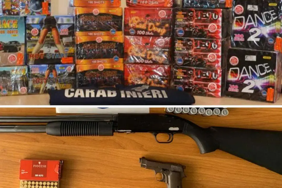 Sopra, i fuochi sequestrati. Sotto, le armi e le munizioni (Foto Carabinieri)