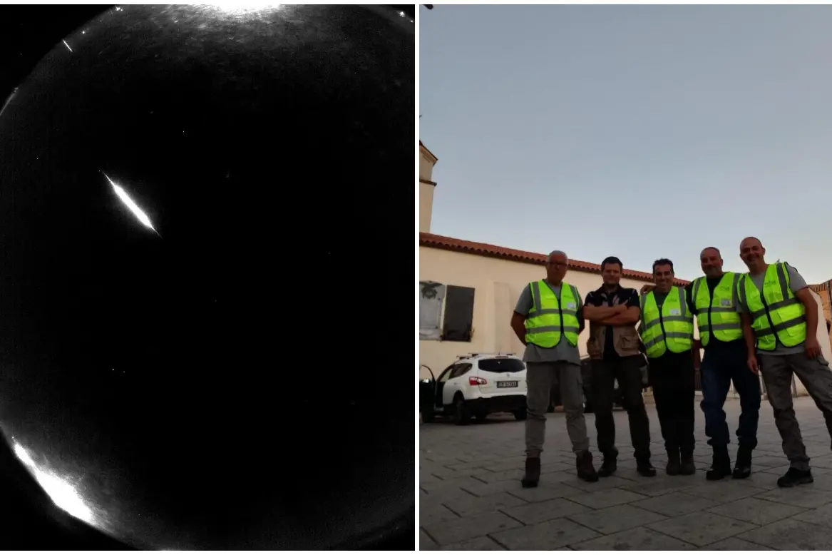 L'immagine del meteorite catturata dalla rete Prisma e la squadra di ricercatori impegnati ad Armungia (L'Unione Sarda)