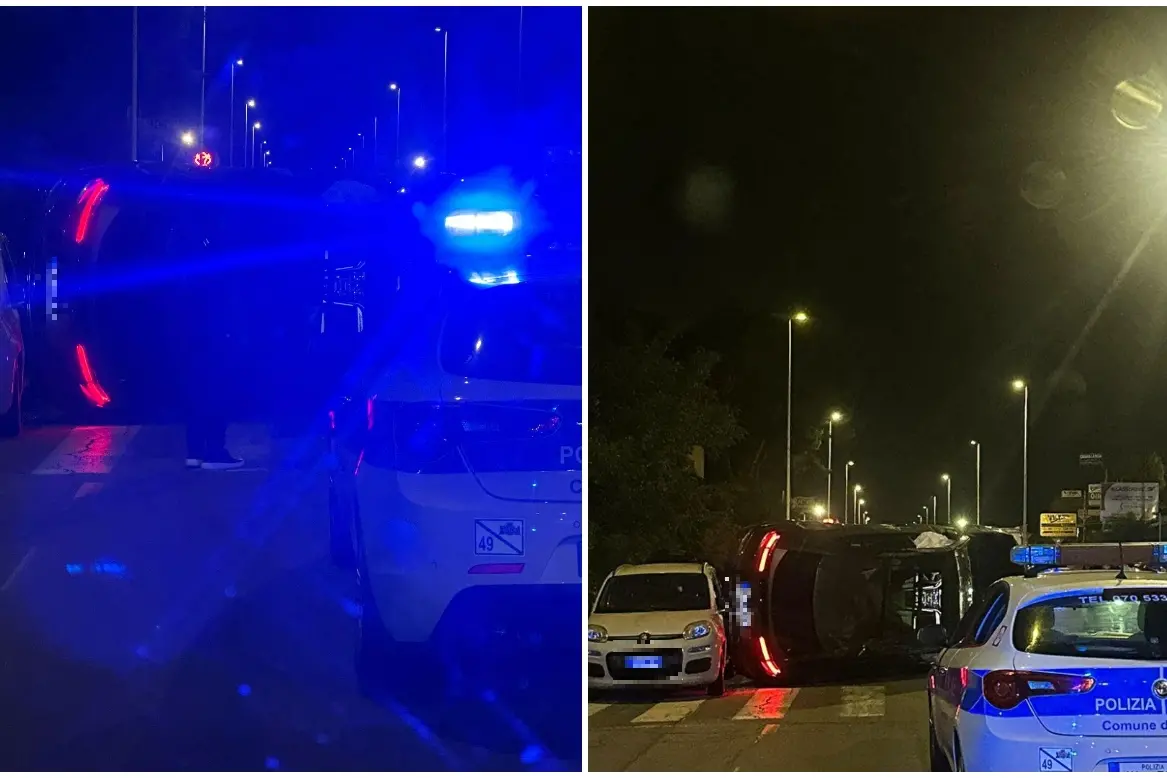 Incidente in viale Elmas, Lamborghini ribaltata (foto L'Unione Sarda)