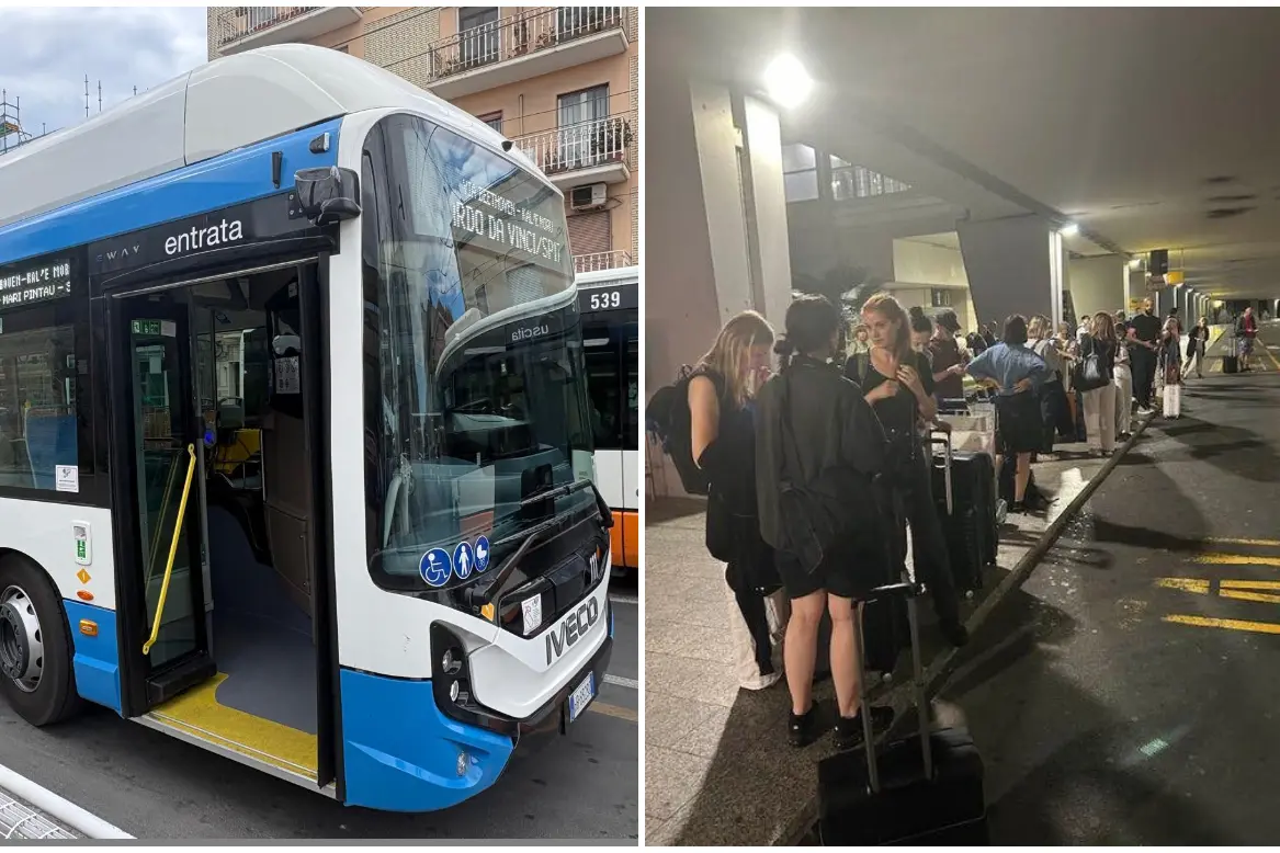 A sinistra un bus Ctm e destra viaggiatori in attesa del taxi all'aeroporto
