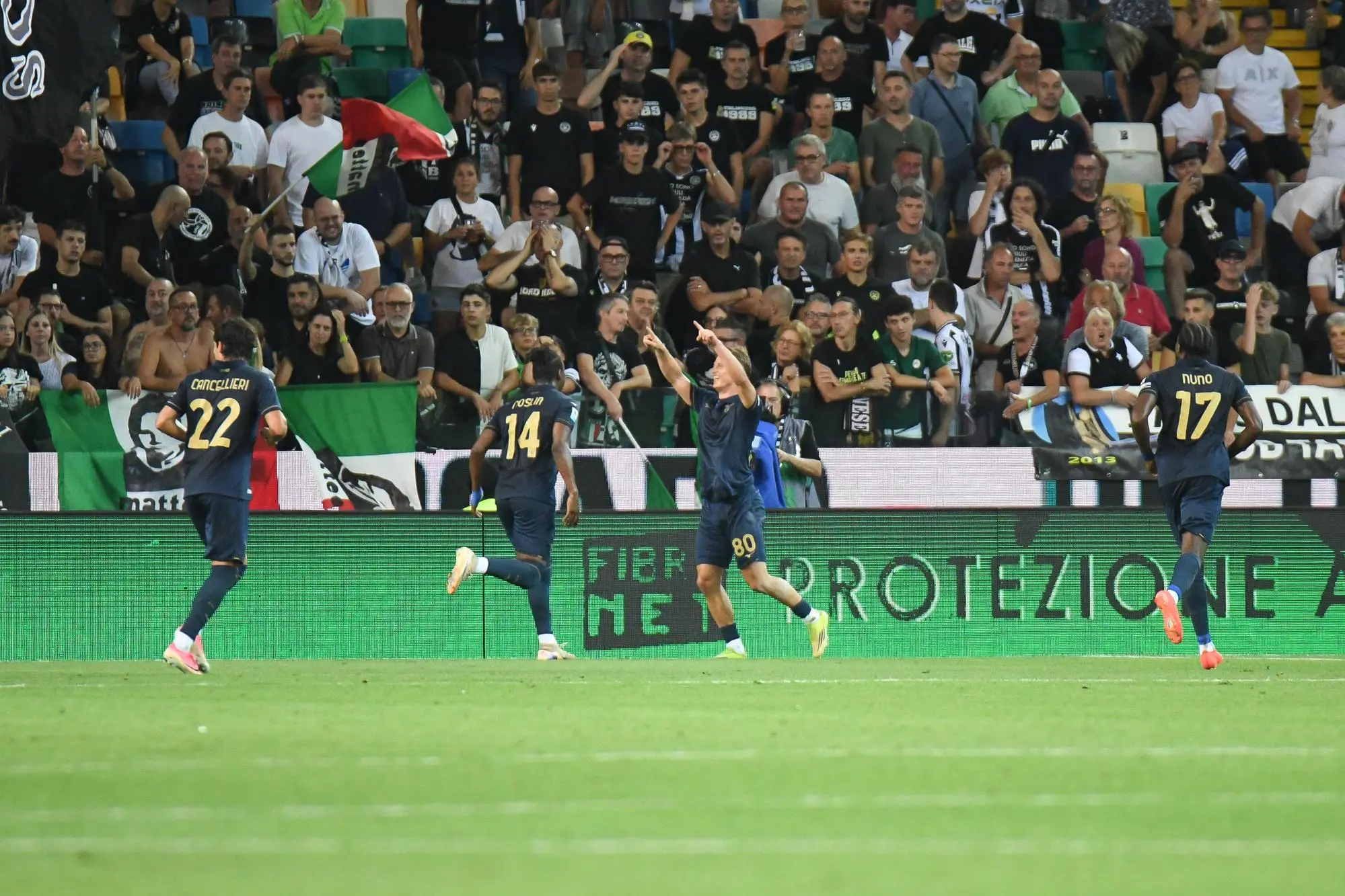 Lazio's Albert Gudmundsson celebrates after scoring a goal during the italian soccer Serie A match between Udinese Calcio vs SS Lazio on 7 September 2026 at the Bluenergy stadium in Udine, Italy. ANSA/Ettore Griffoni