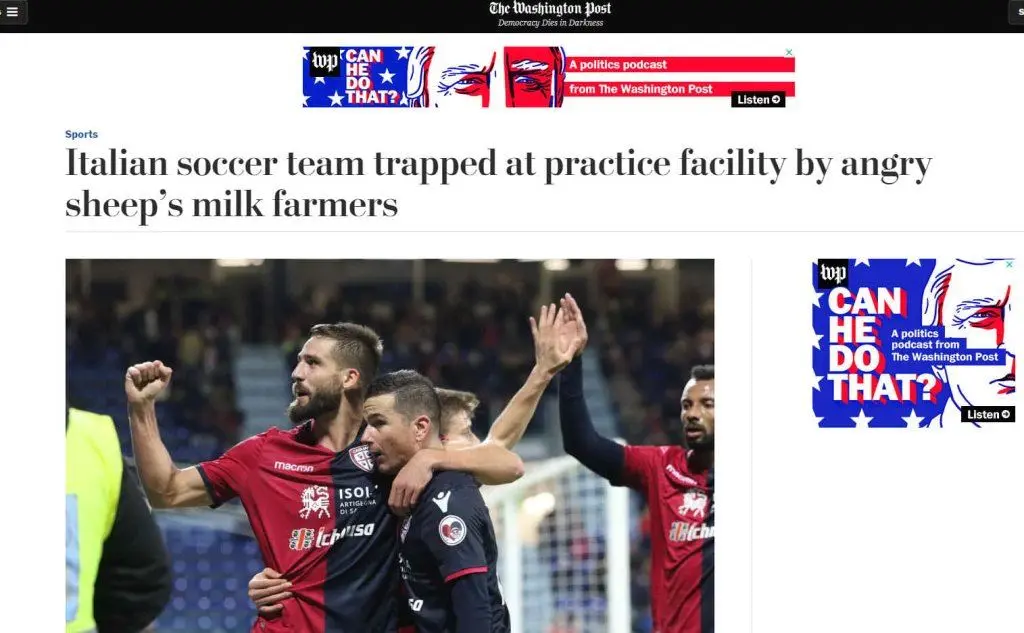 &quot;Calciatori italiani intrappolati dalla protesta dei pastori&quot; (The Washington Post)