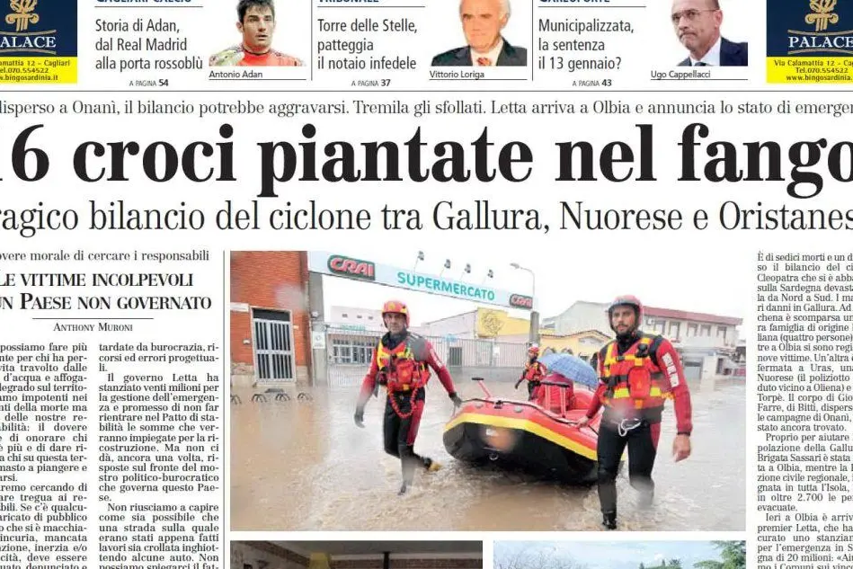 #AccaddeOggi: sei anni fa il tragico bilancio dell'alluvione che colpì la Sardegna, 16 morti
