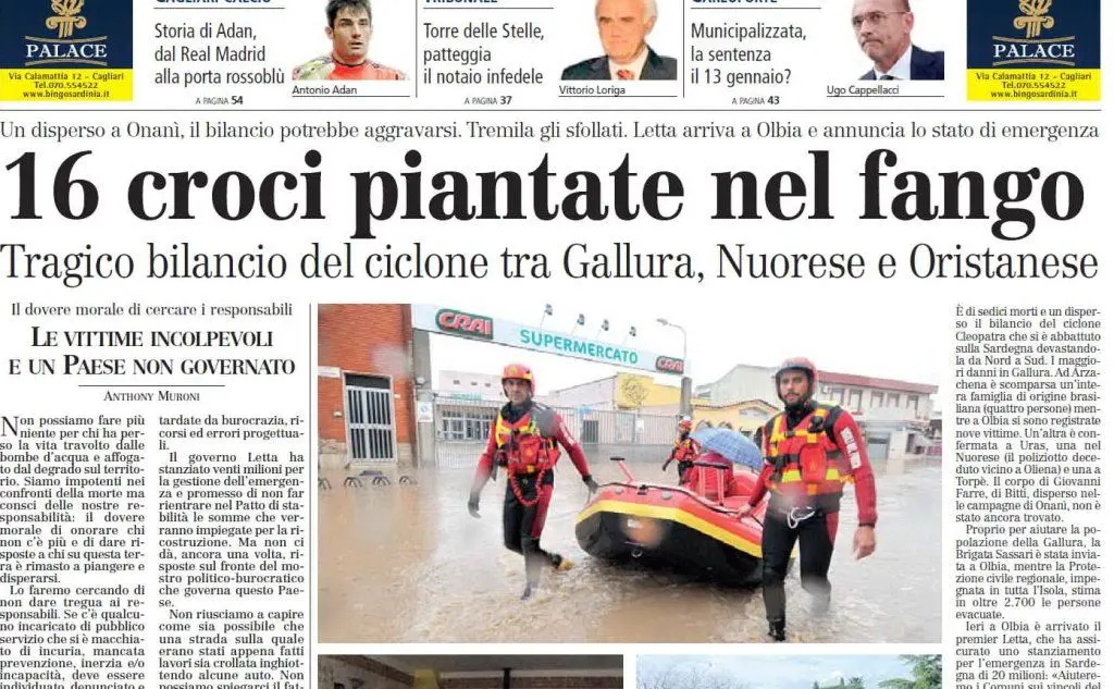 #AccaddeOggi: sei anni fa il tragico bilancio dell'alluvione che colpì la Sardegna, 16 morti