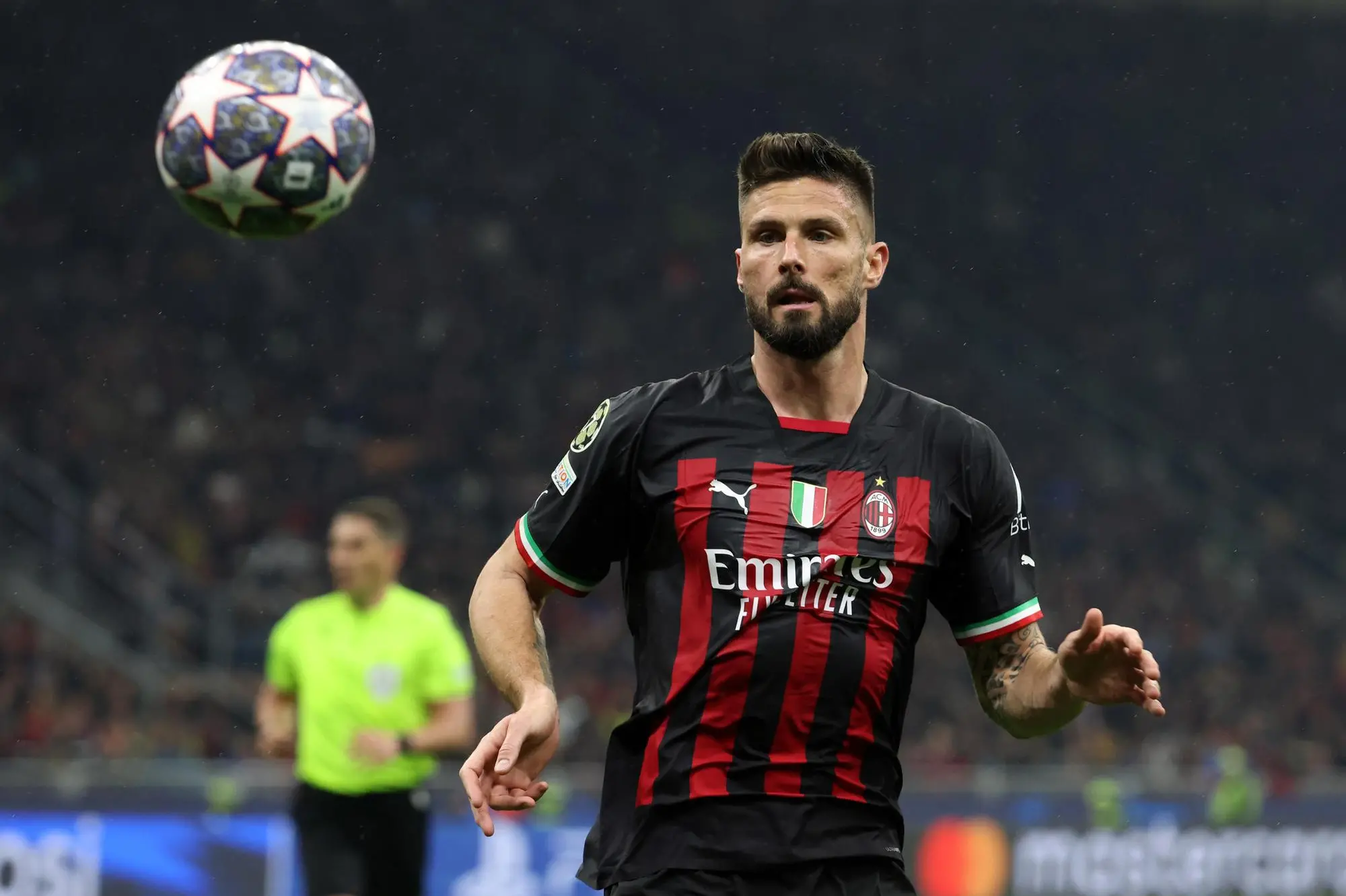 AC Milan's Olivier Giroud in action during the UEFA Champions League quarter final 1st leg match between Ac Milan and Napoli at Giuseppe Meazza stadium in Milan, 12 April 2023. ANSA / MATTEO BAZZI