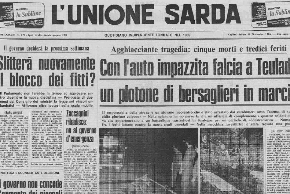 #AccaddeOggi. 26 novembre 1976, a Teulada un'auto uccide cinque bersaglieri. La notizia sulla prima pagina de L'Unione Sarda