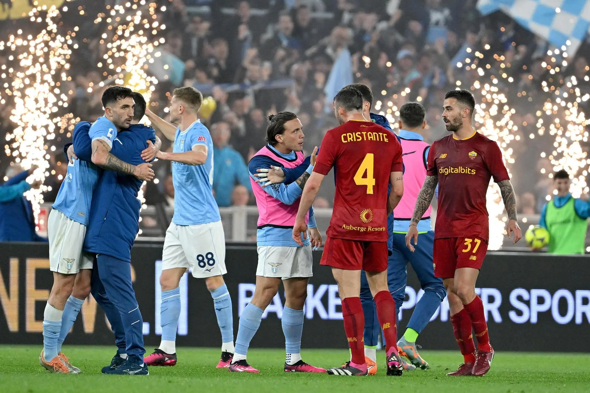 SS Lazio's players argue with AS Roma's players after the Italian Serie A soccer match between SS Lazio and AS Roma at the Olimpico stadium in Rome, Italy, 19 March 2023. ANSA/ETTORE FERRARI