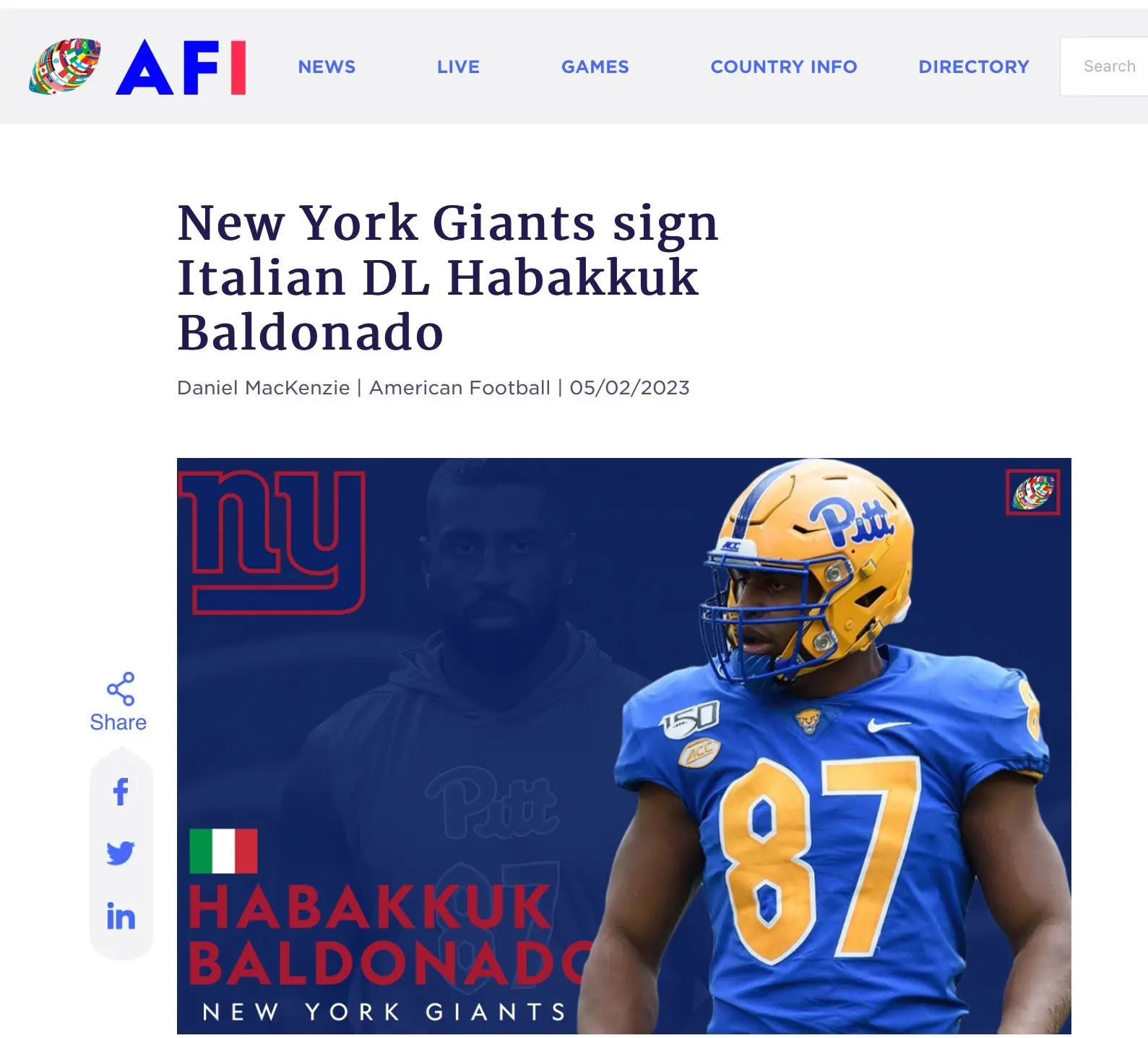 L'annuncio dell'accordo tra Baldonado e i Giants sul sito American Football International