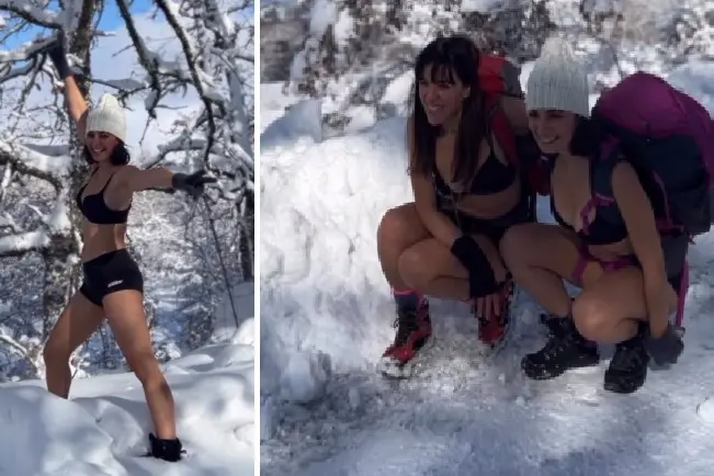 Sul Monte Spada con indosso solo shorts e top (Frame da video)