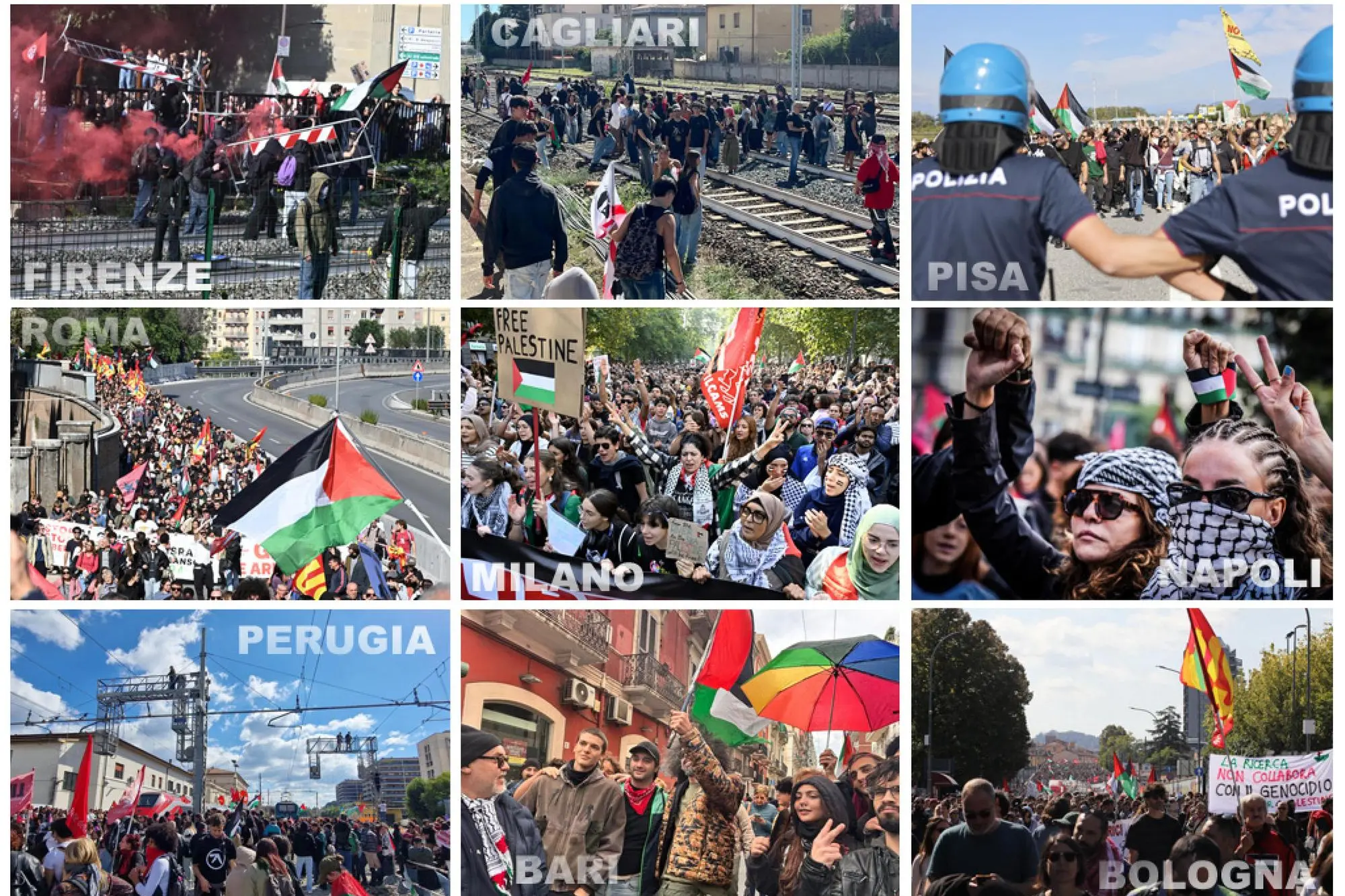 Alcune immagini dello sciopero che ha coinvolto molte città italiane a sostegno della Flotilla e per la pace a Gaza. 3 ottobre 2025 ANSA