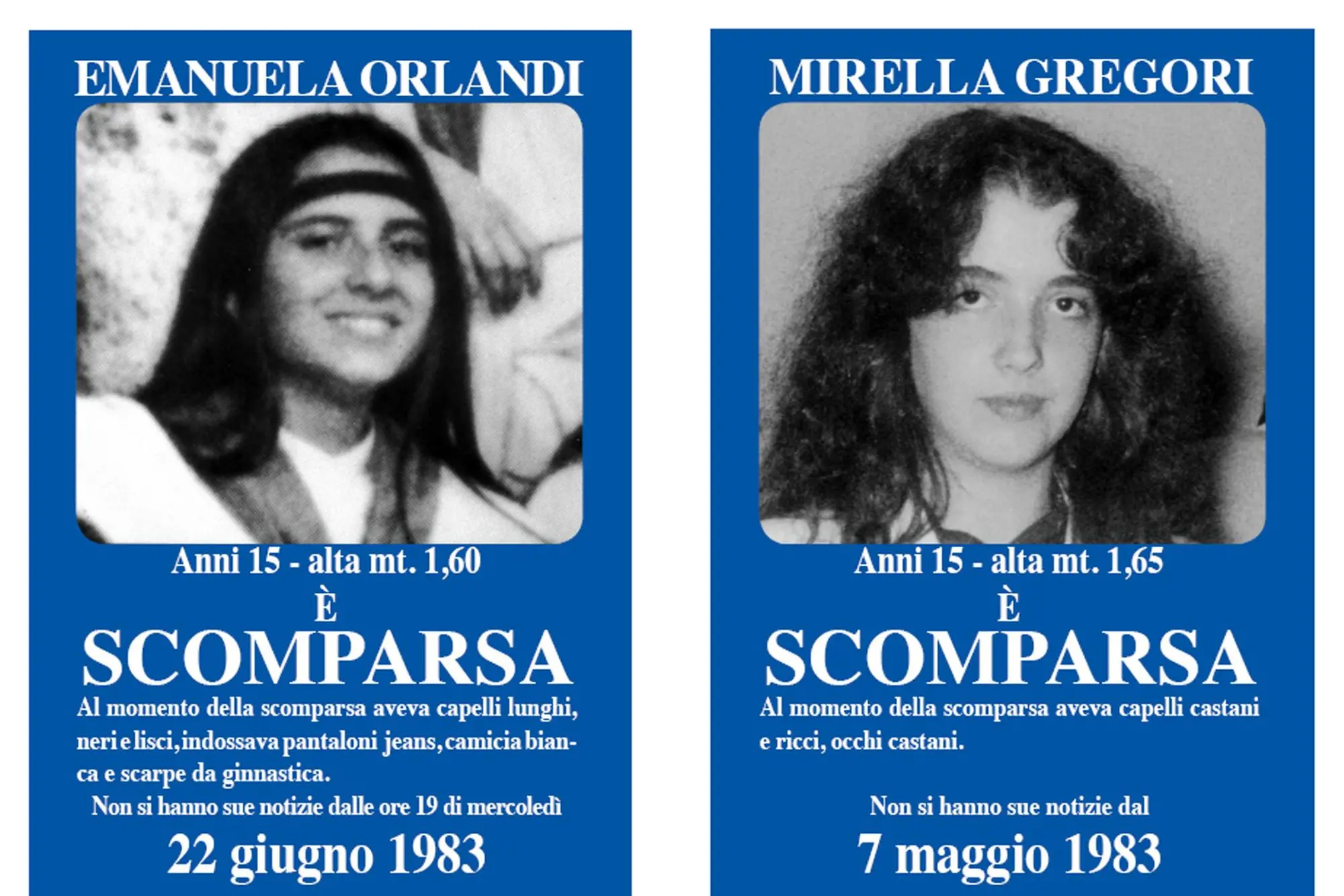 I manifesti che furono affissi in tutta Roma dopo la scomparsa di Emanuela Orlandi e di Mirella Gregori (Ansa)