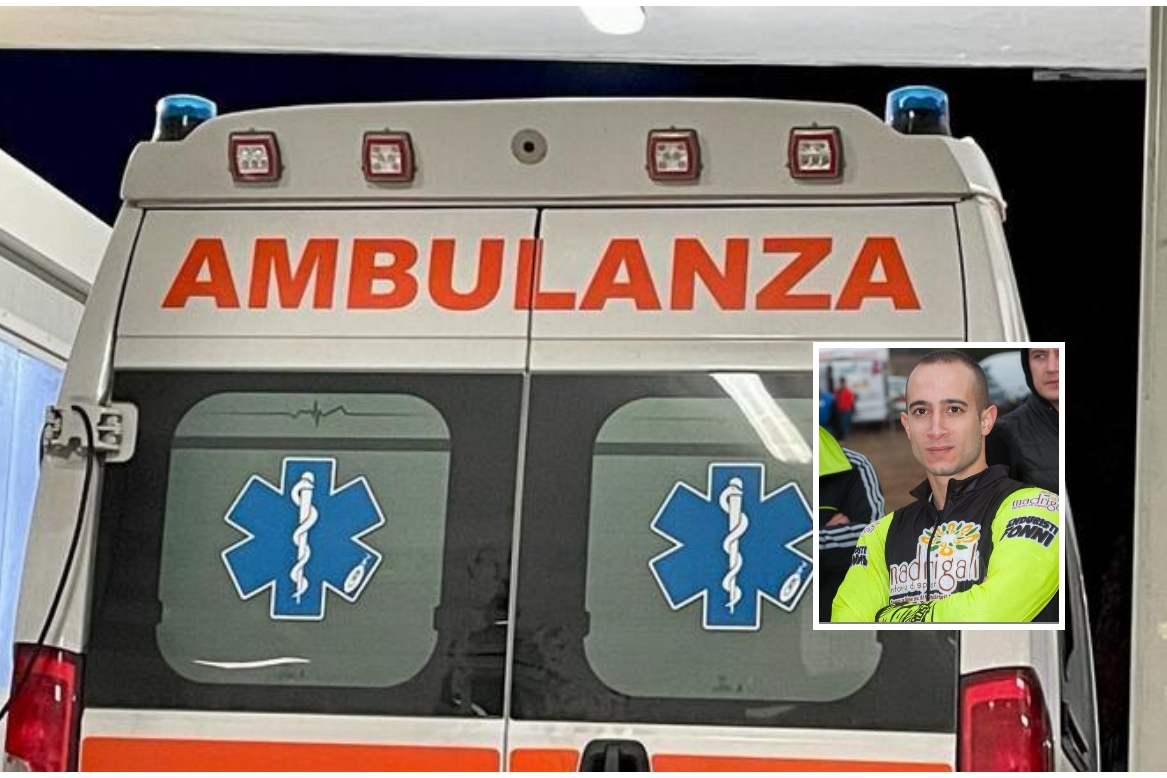 Un'ambulanza (Ansa) e, nel riquadro, la vittima, Stefano Falconi di Fonni (foto Facebook)