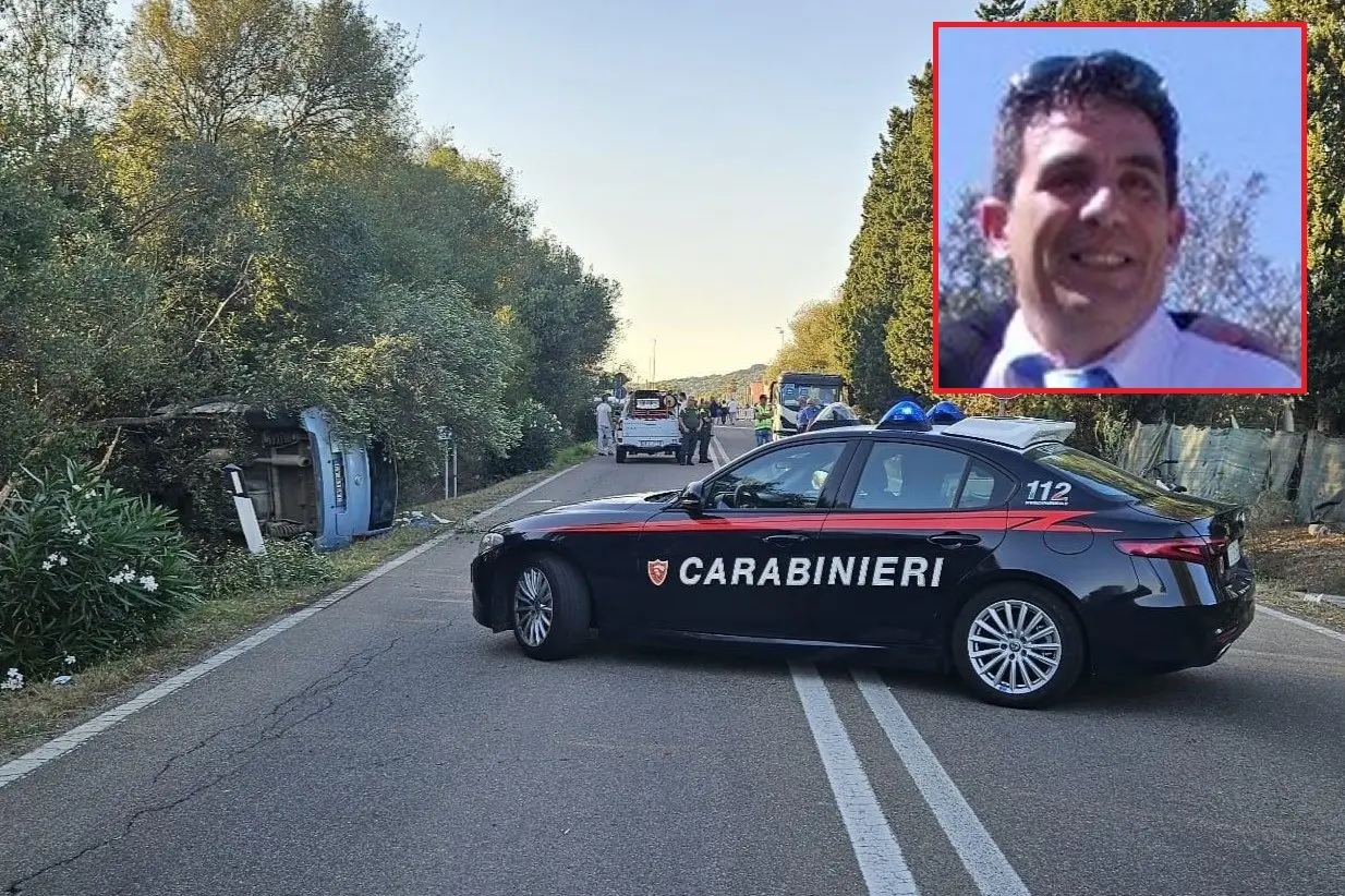 L'auto fuori strada e, nel riquadro, Salvatore Piras