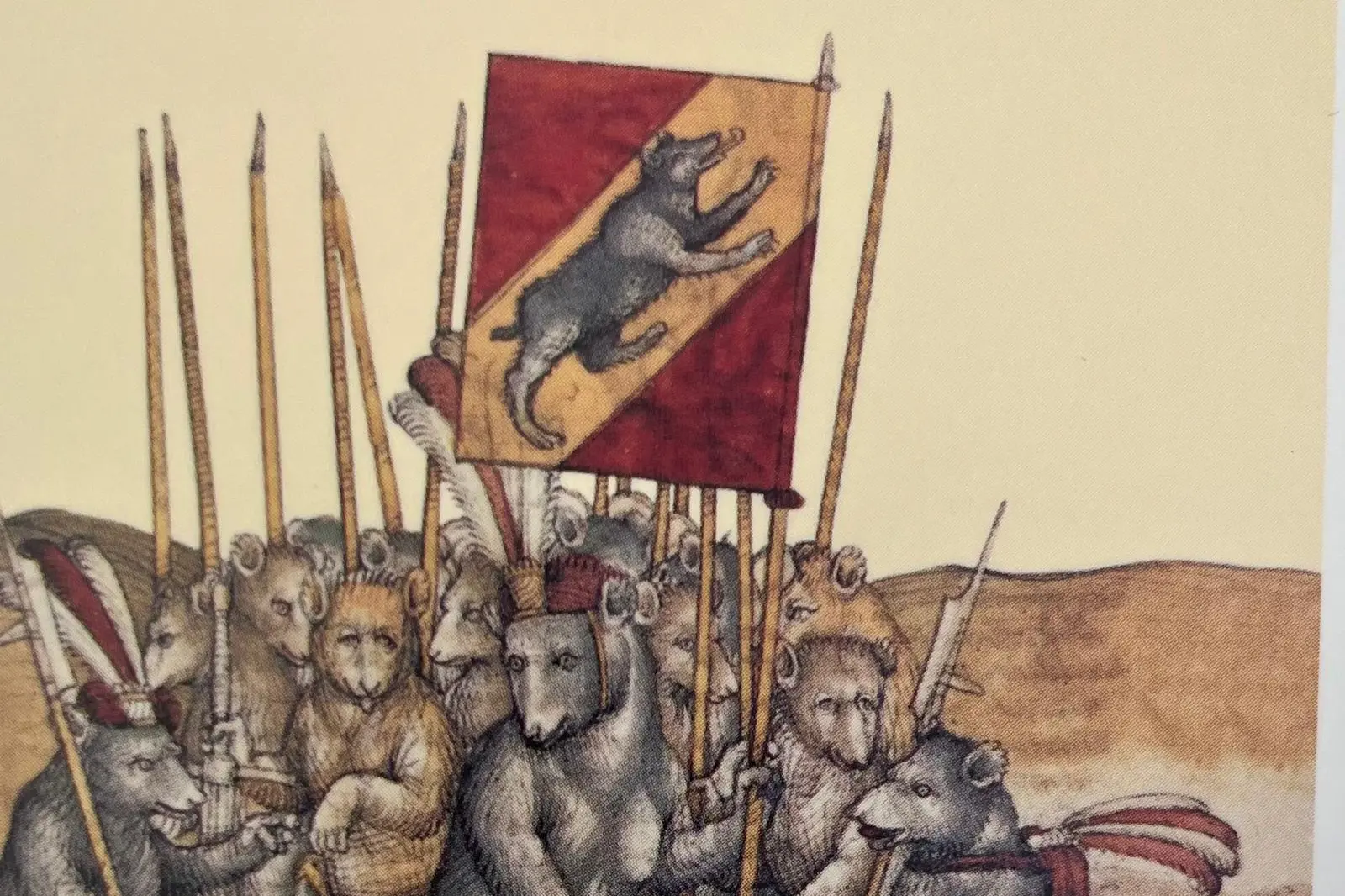 Gli orsi di Berna in partenza per la guerra levano alta la bandiera della citt&agrave;: particolare di un&rsquo;illustrazione dello Spiezer Chronik di   (1485) conservato presso la Biblioteca della borghesia di Berna