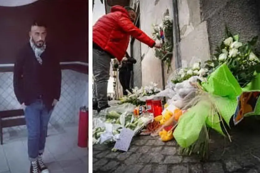 A sinistra l'imputato, a destra i fiori poggiati davanti alla casa della tragedia (Archivio L'Unione Sarda)