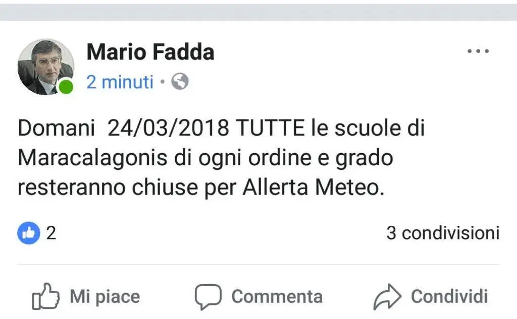 Il post del sindaco di Maracalagonis di ieri sera