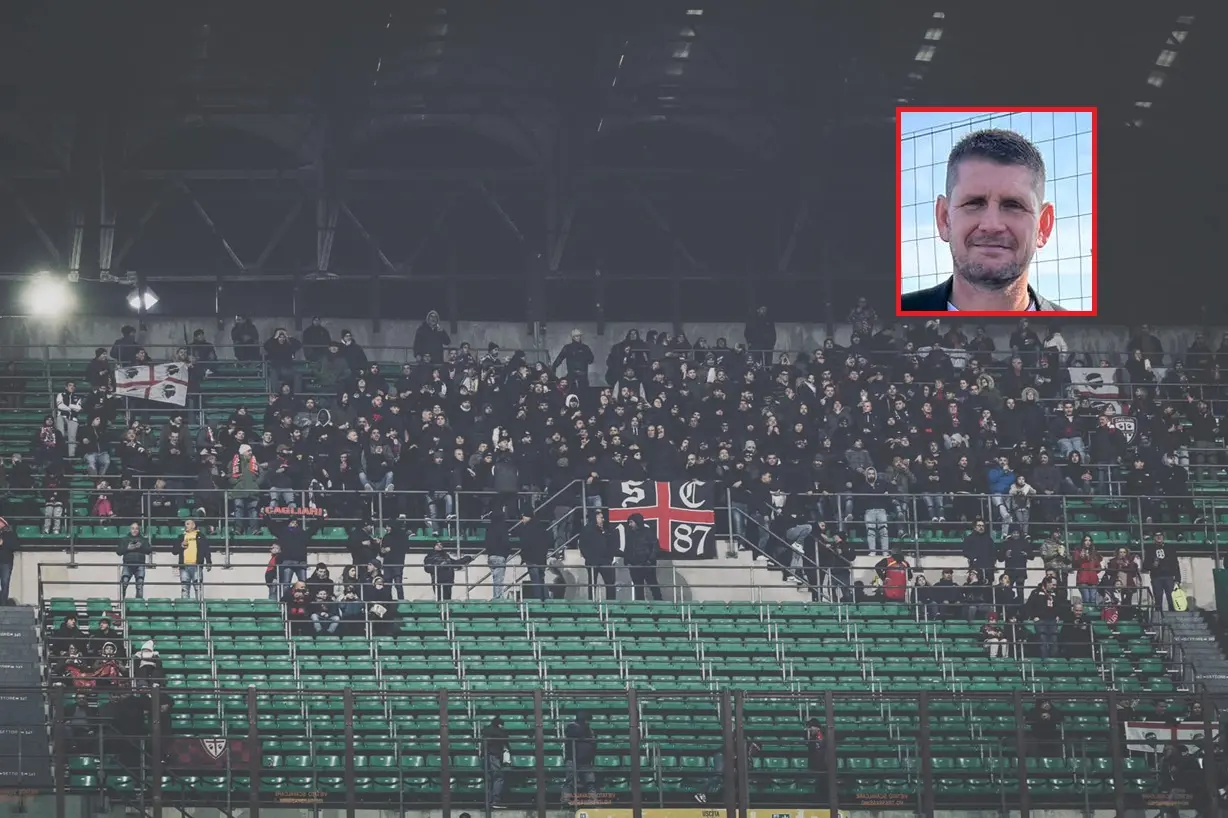 I tifosi rossoblù nel settore ospiti per Milan-Cagliari e, nel riquadro, Nicola Riva