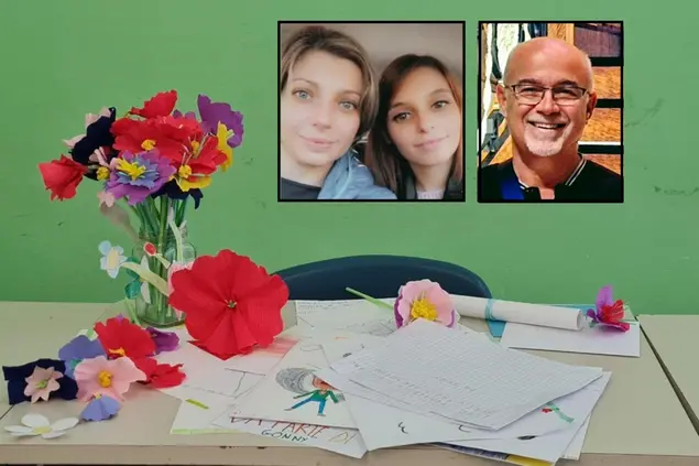 I fiori sul banco del piccolo Francesco Gleboni. Nel dettaglio le altre vittime: Giusi Massetti, Martina Gleboni e Paolo Sanna (L'Unione Sarda)