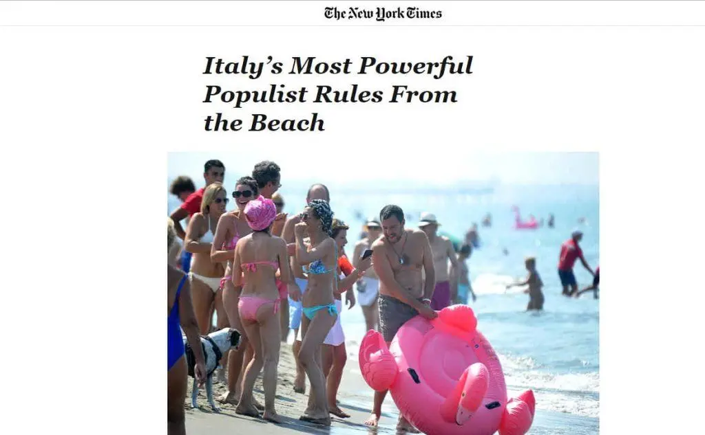 L'articolo del New York Times: &quot;Il più potente populista d'Italia che governa dalla spiaggia&quot;