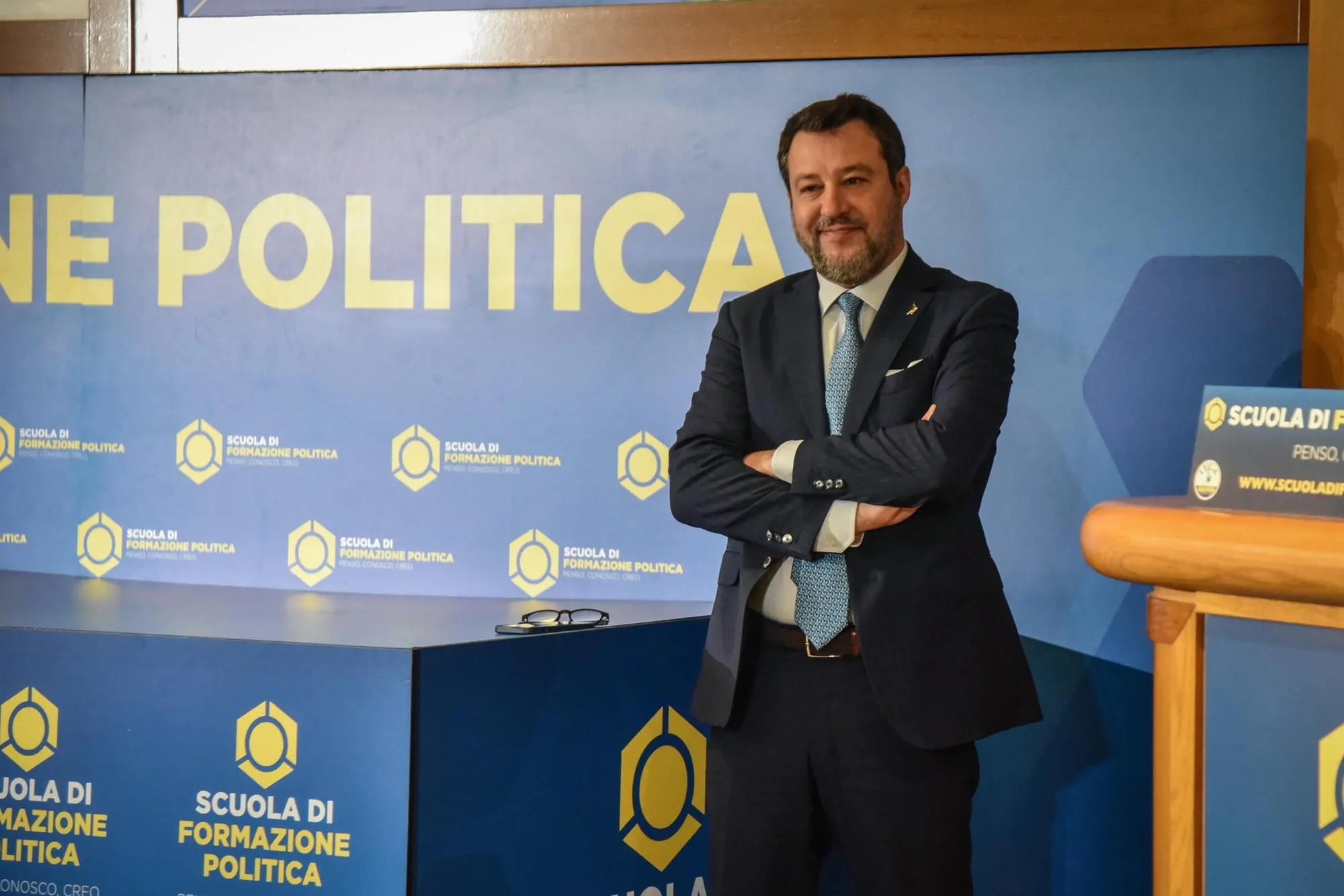 Il ministro alle Infrastrutture e segretario federale Lega, Matteo Salvini interviene alla Scuola Politica della Lega, Milano, 25 marzo 2023 ANSA/MATTEO CORNER