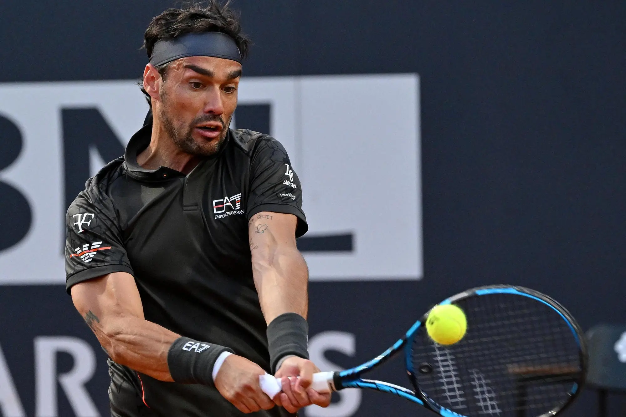 Fabio Fognini of Italy in action during his men's singles first round match against Andy Murray of Britain (not pictured) at the Italian Open tennis tournament in Rome, Italy, 10 May 2023. ANSA/ETTORE FERRARI