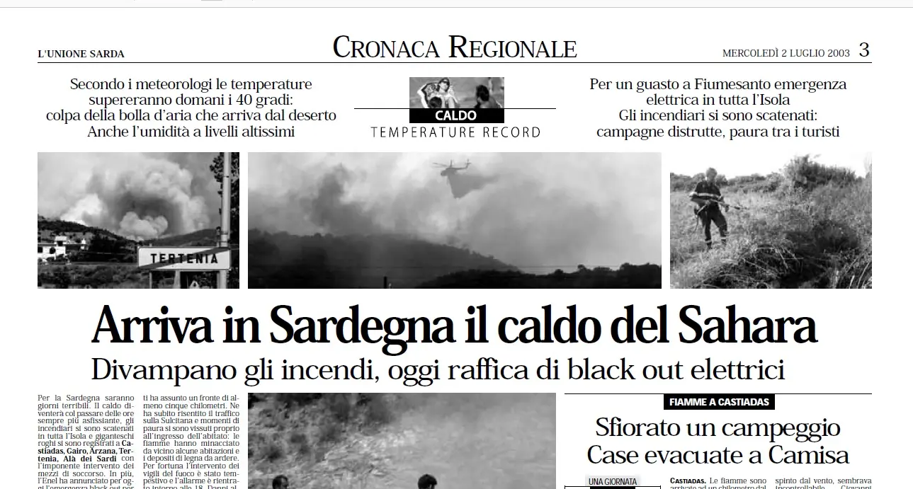 L'allarme per il gran caldo in un titolo dell'Unione Sarda (Archivio Unione Sarda)