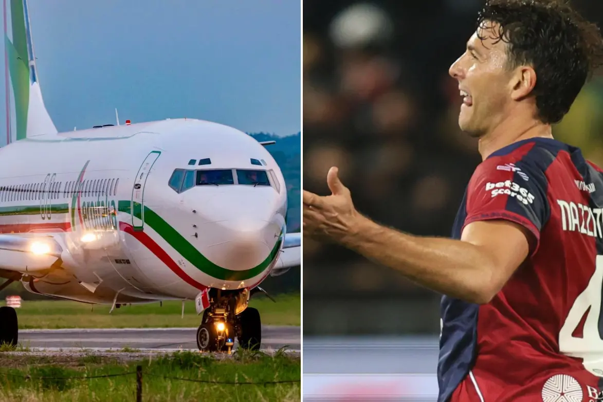 Un aereo Aeroitalia e Mazzitelli, l'autore del gol del Cagliari