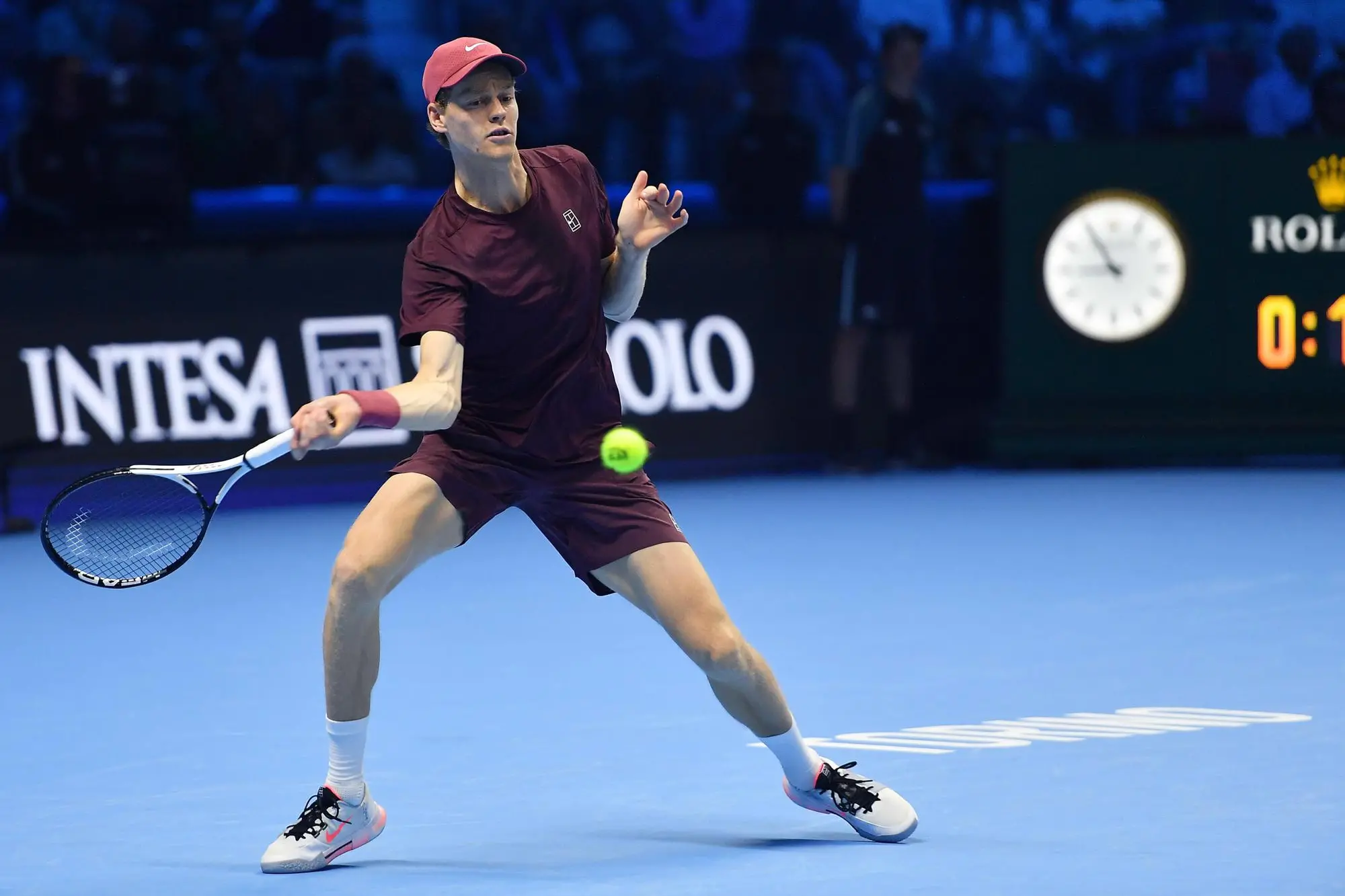 Jannik Sinner of Italy in action during the men's singles Round Robin match against Alexander Zverev of Germany at the ATP Finals in Turin, Italy, 12 November 2025. ANSA/Alessandro Di Marco